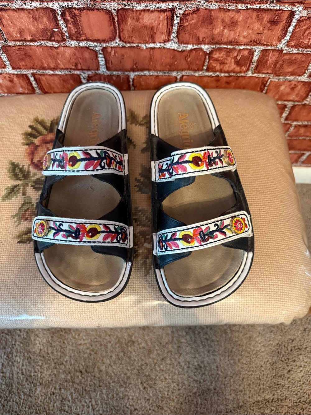 Alegria Black Sandals with Colorful Embroidered Straps